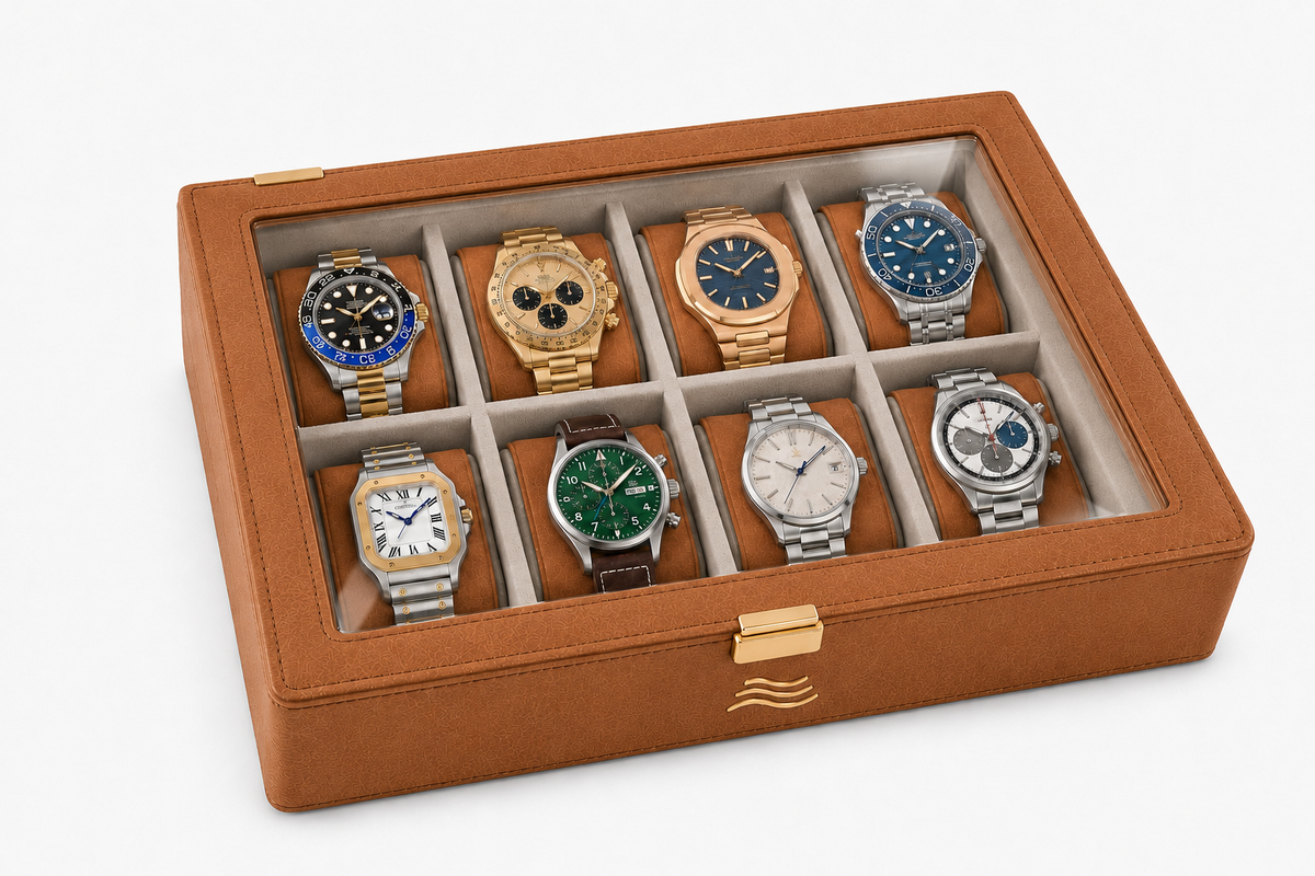 ORKAI Collector Case Classic Camel, closed with watches visible through glass lid