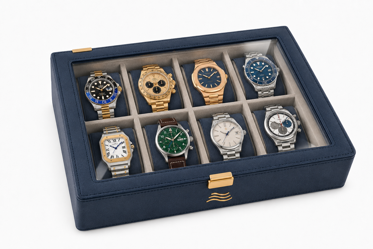 ORKAI Collector Case Estate Blue, top view through glass lid