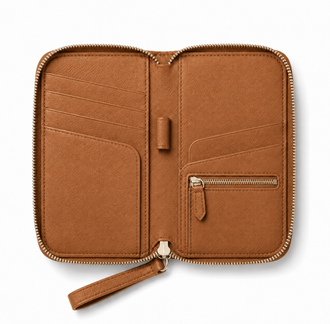 ORKAI Passport Case Classic Camel interior with card slots and zip pocket