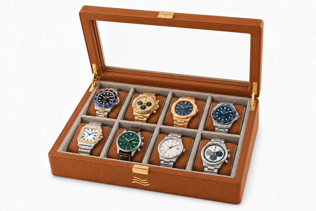 ORKAI Collector Case in Classic Camel, open with eight watches