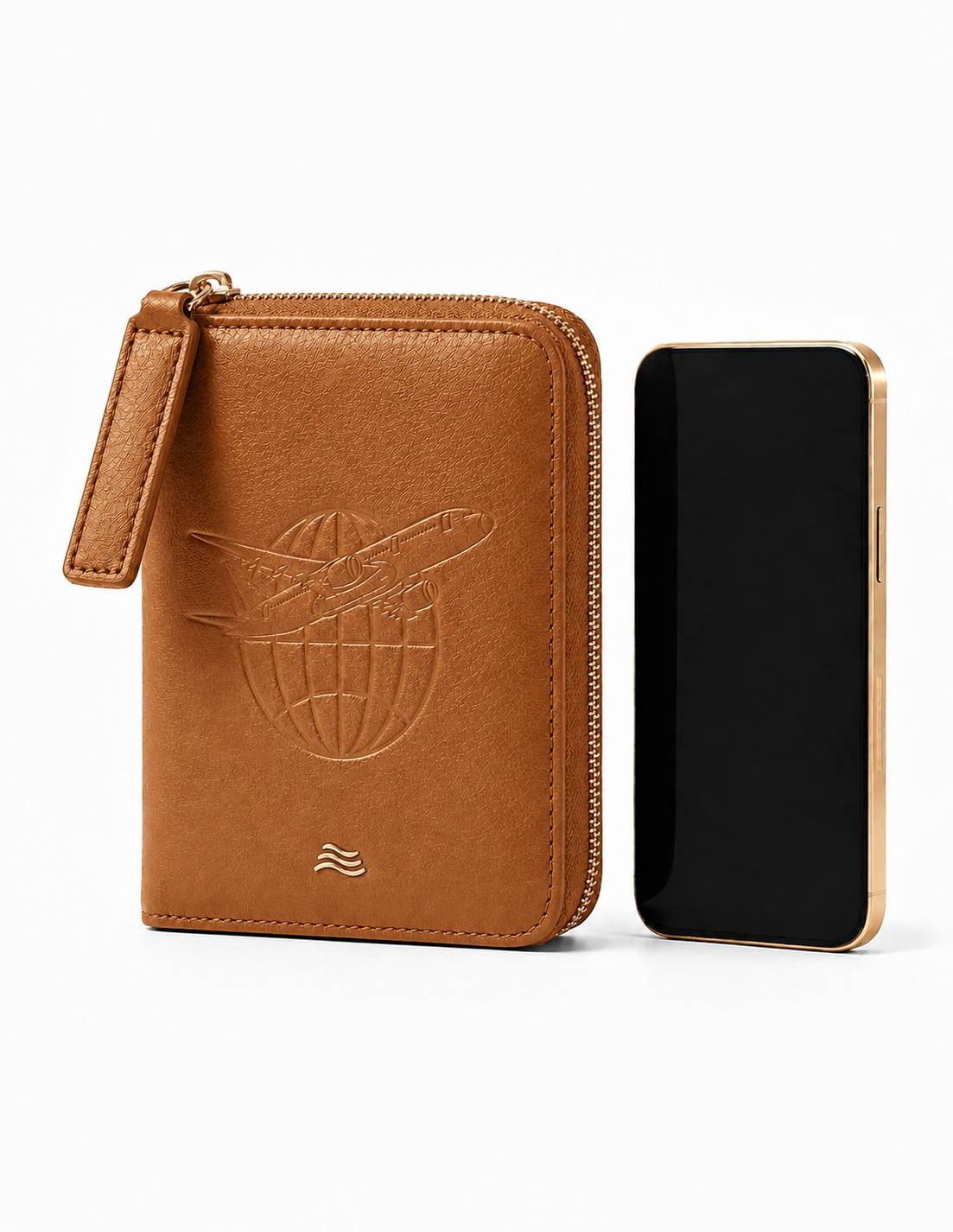 ORKAI Passport Case Classic Camel shown beside a phone for scale