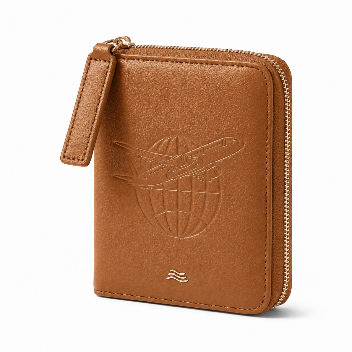 ORKAI Passport Case in Classic Camel, front view with embossed aviation motif