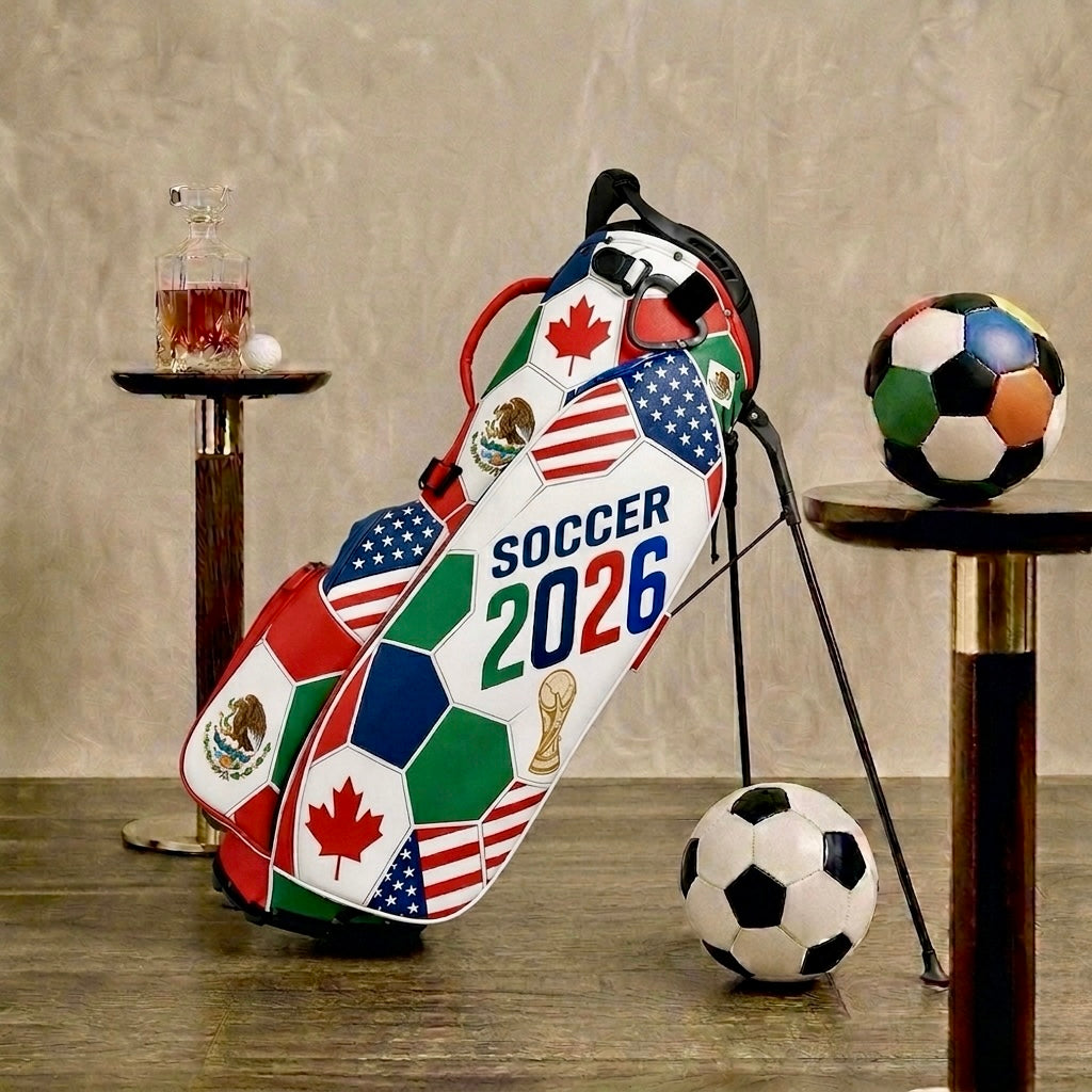 World Cup Flags 2026 stand bag with USA Canada Mexico panels