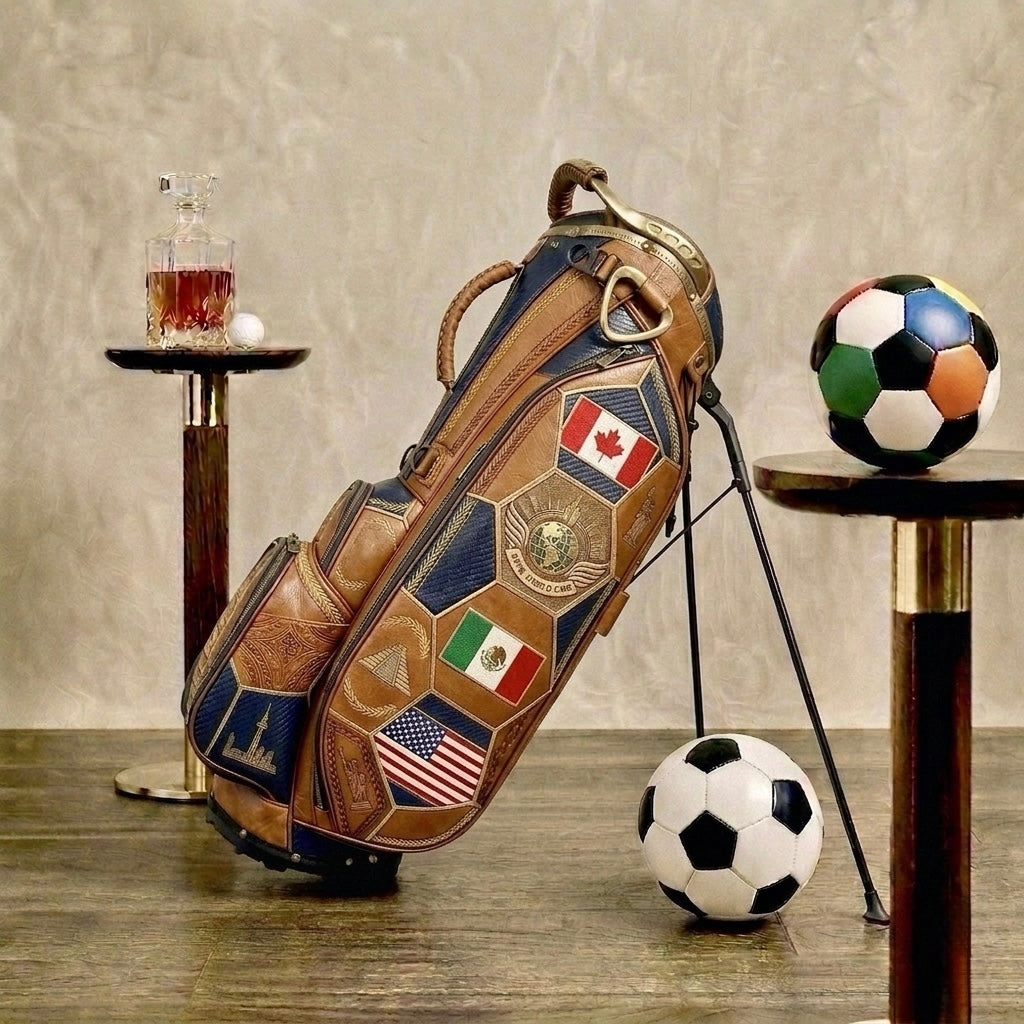 World Tour stand bag in tan and navy leather with flag inlays