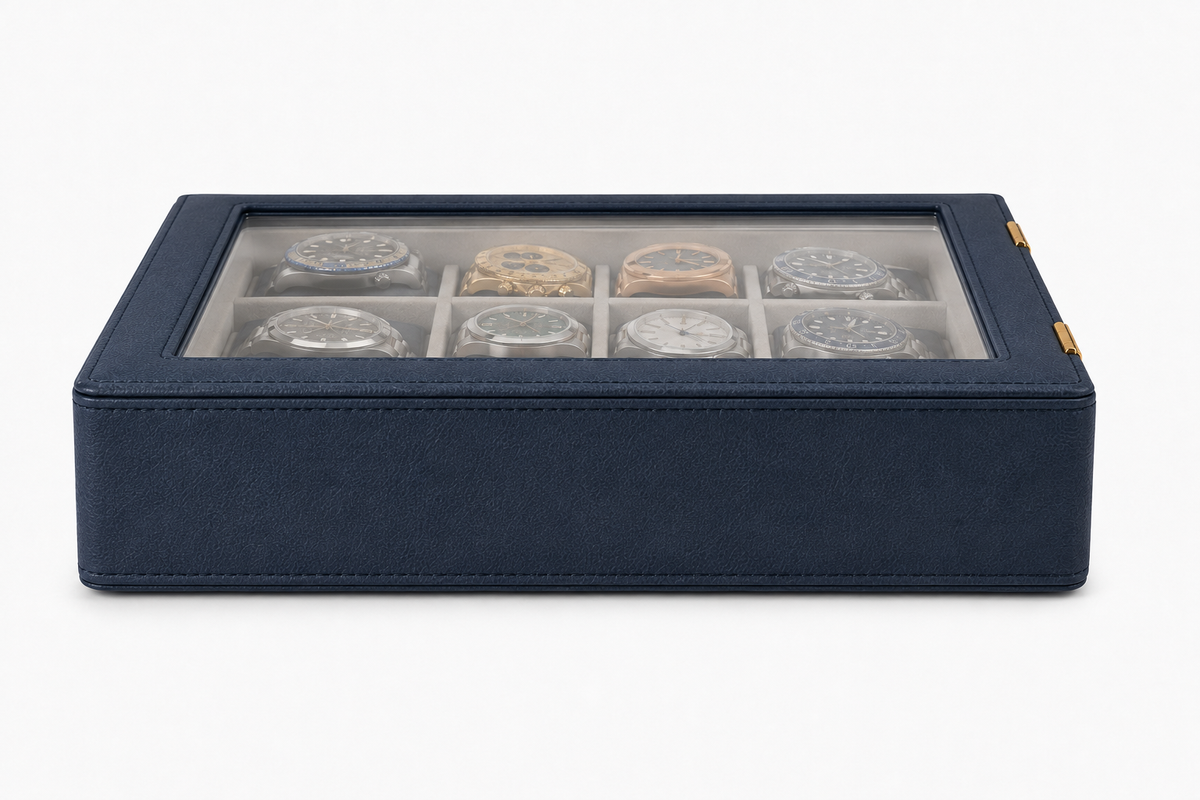 ORKAI Collector Case Estate Blue, front view with gold Currents emblem