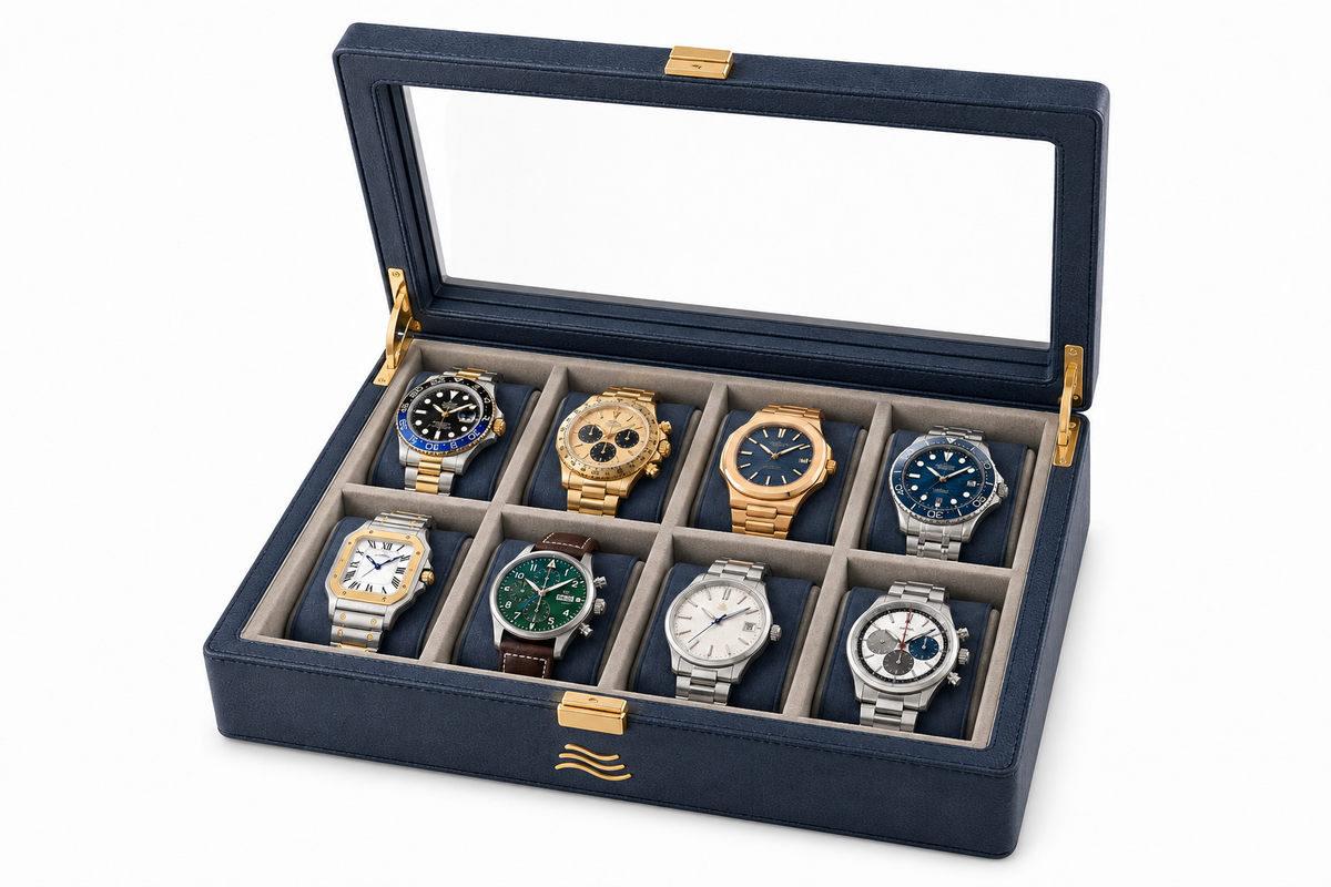 ORKAI Collector Case in Estate Blue, open with eight watches