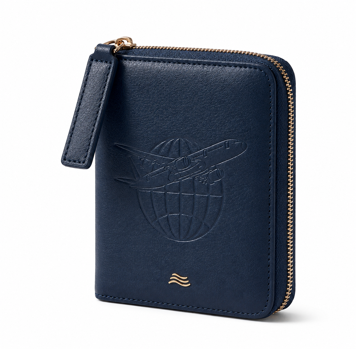 ORKAI Passport Case in Estate Blue, front view with embossed aviation motif