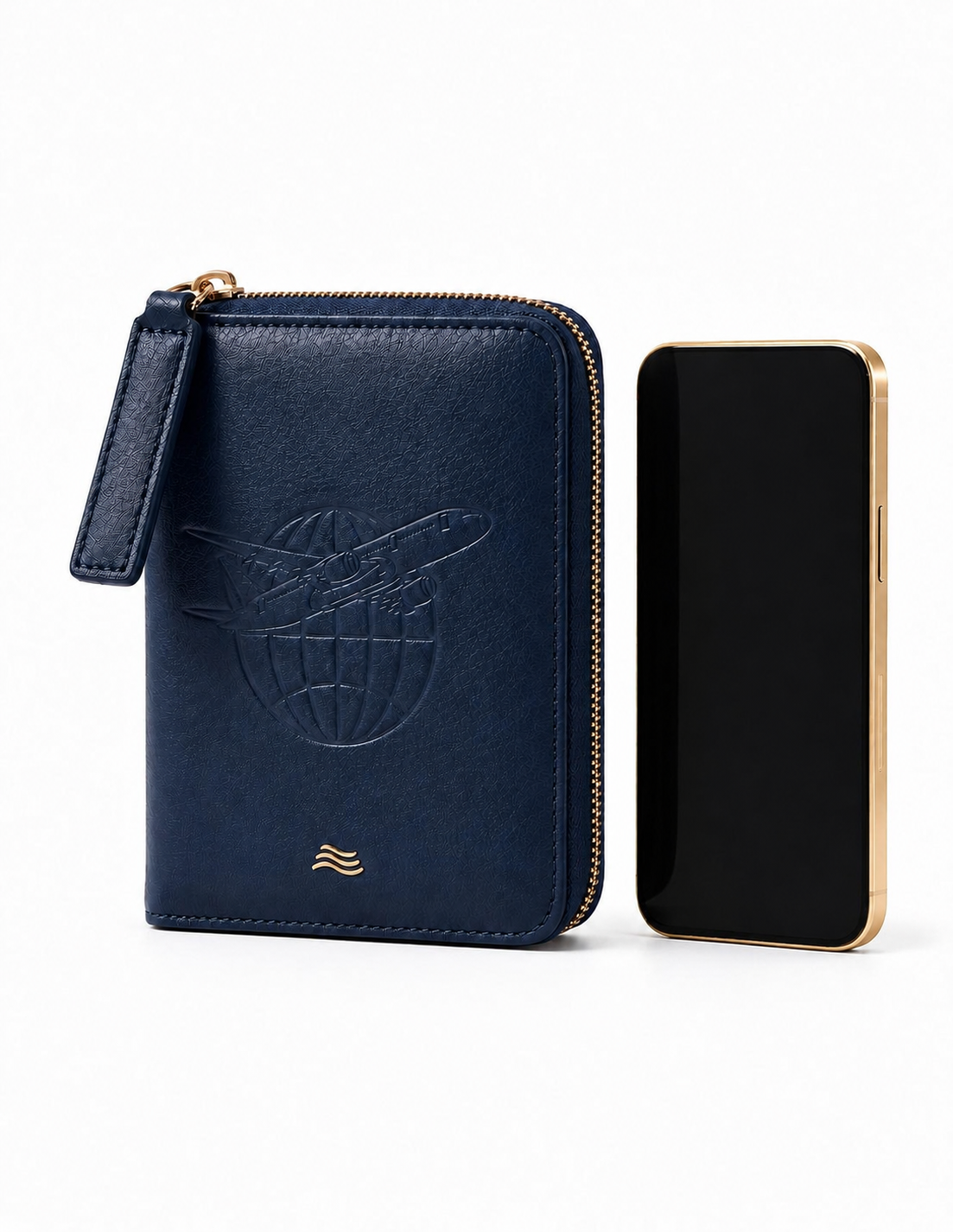 ORKAI Passport Case Estate Blue shown beside a phone for scale
