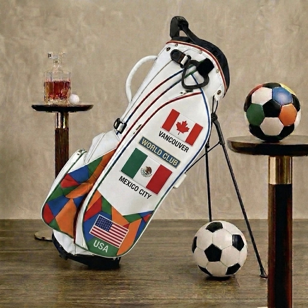World Club Host Cities stand bag with Vancouver and Mexico City banners