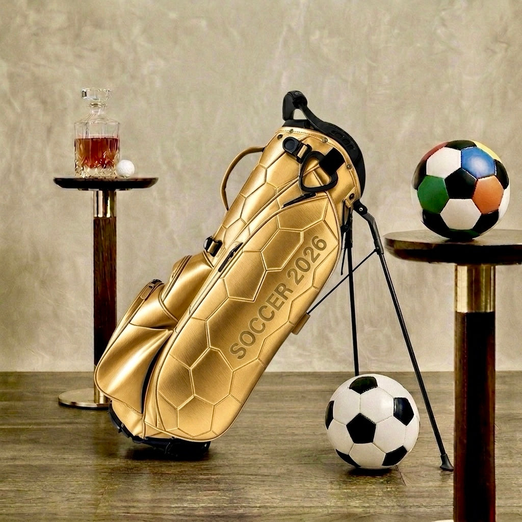 Golden Hex 2026 stand bag in brushed gold leather
